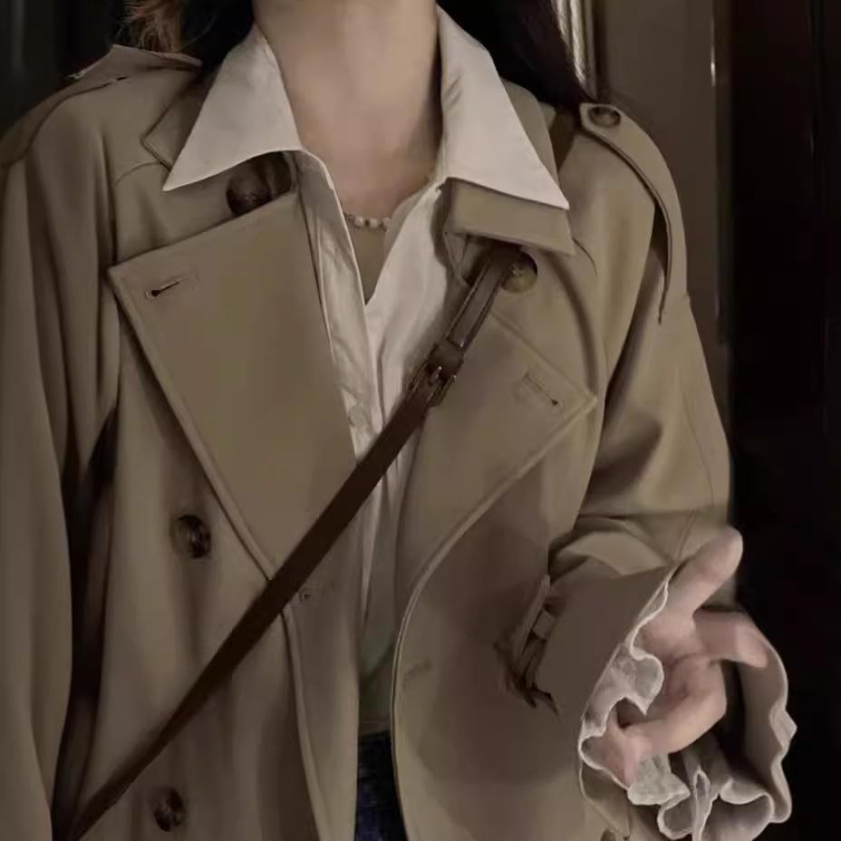 Khaki Double-breasted Trench Coat for Women Spring and Autumn New Korean Style Retro British Style Versatile Small Trench Coat for Women