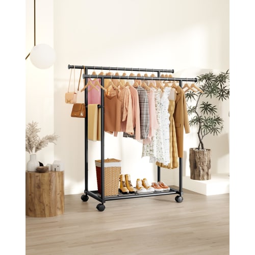 Sakugi Clothes Rack, Slim and Stylish Metal Double Pole with Casters and Shelves, Perfect for Closet Organization and Clothing Storage, 98cm Wide x 42