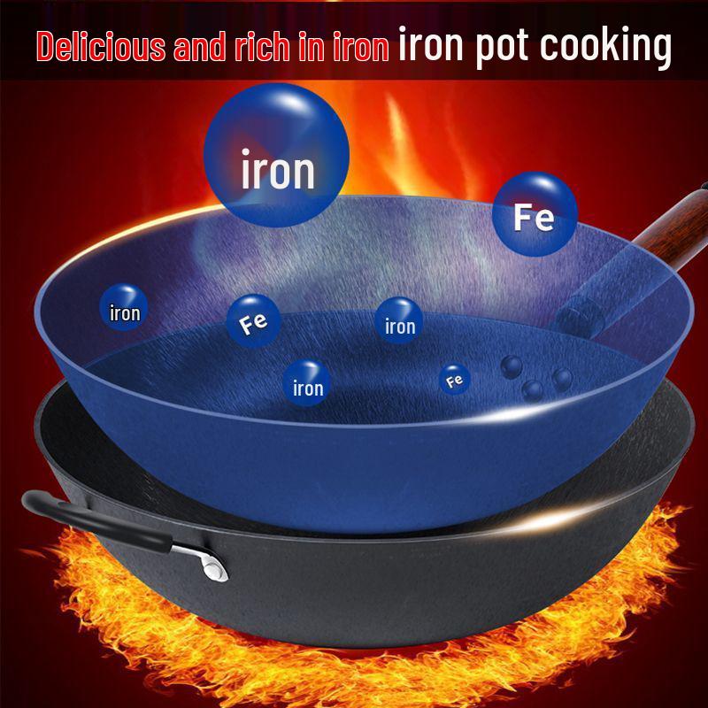 Traditioneller Gusseisen-Wok mit flachem Boden - Antihaftbeschichtet, keine Beschichtung, geeignet für Gas- und Induktionsherde.