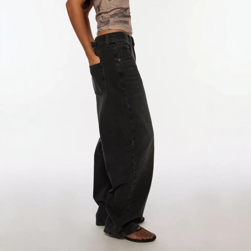 Womens Black Washed Wide Leg Jeans Loose Fit High Street Style Cotton Blend Denim Pants