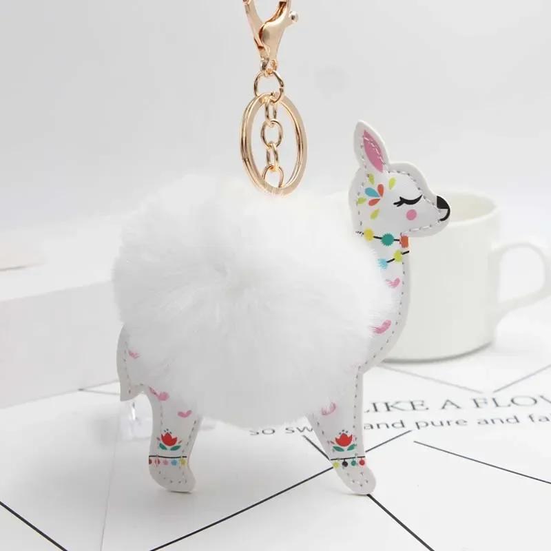 Fluffy Fur Ball Cute Alpaca Keychain Leather Animal Keyring Charm Chaveiros Artificial Rabbit Fur Pompom Key Chain Women Jewelry
