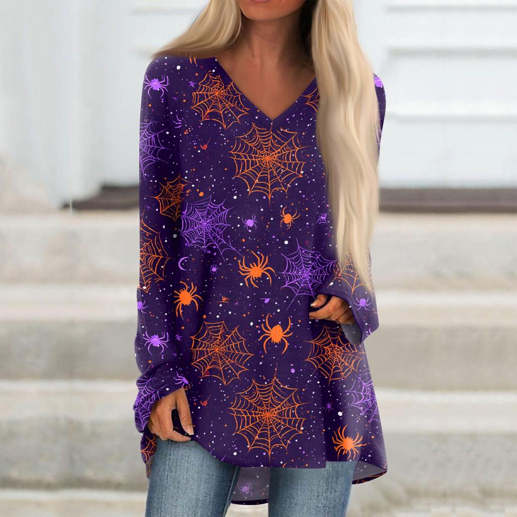 Ladies' Fashionable And Casual Halloween Printed T-shirt Long Sleeved V-neck Mid Length Top