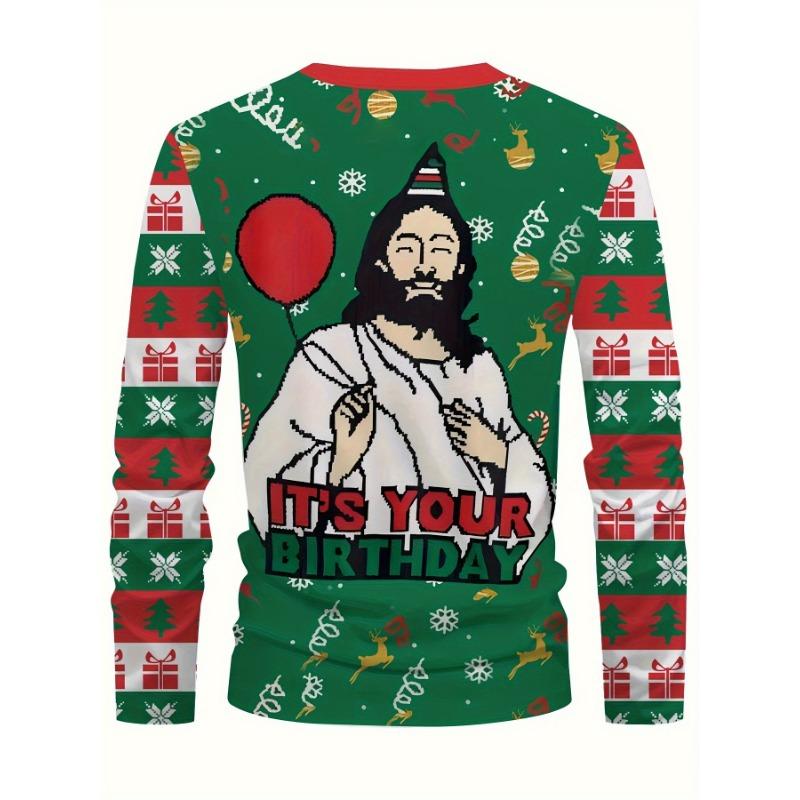 Santa Claus Printed T-shirt, Casual Crew Neck Funny Long-sleeved Top, Men's Clothing