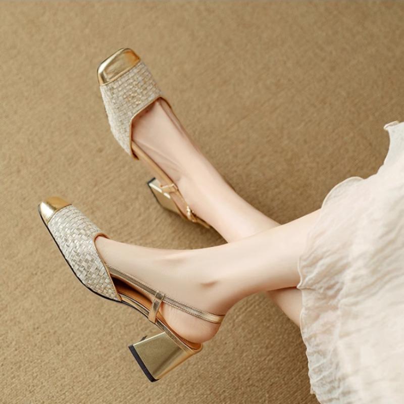 

Модные новые женские сандалии Модный принт Дизайн Высокие каблуки Квадратный носок Массивные каблуки Пряжка Женские сандалии на высоком каблуке Туфли Мэри Джейн 40 золотой