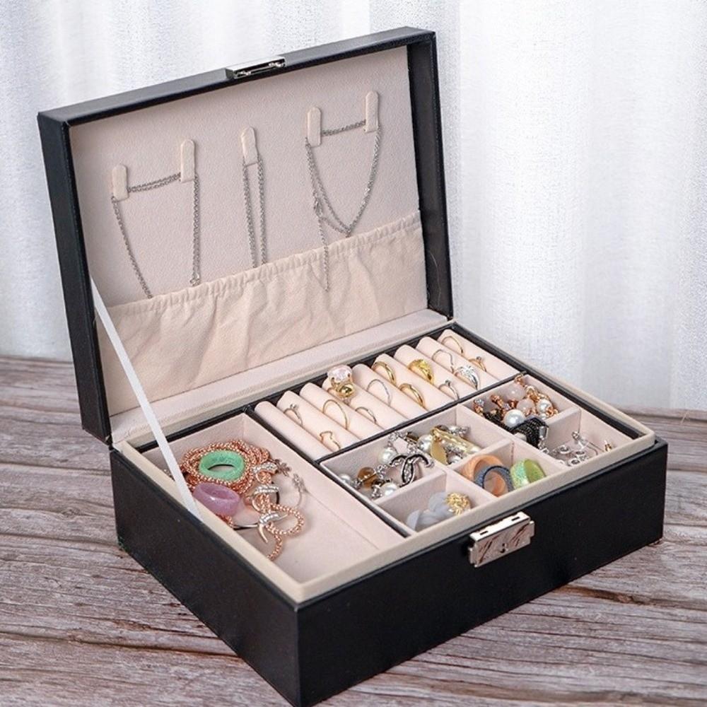 2 Layer Double-layer Jewelry Box with Lock Jewelry Display Case Home and Travel