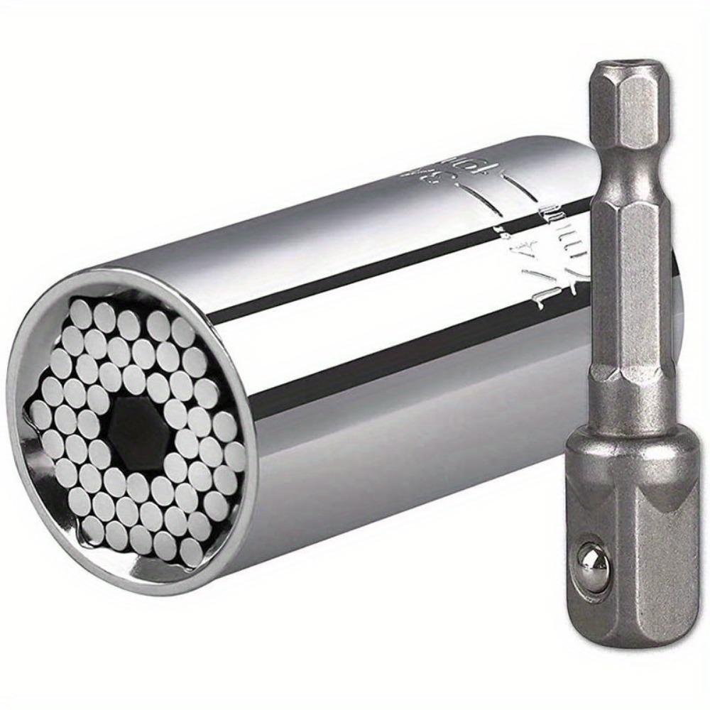 Metric 7-19mm Socket 3/8" Hex Shank Post 1/4"-3/4" Silver Ratchet Socket Universal Socket Tool with Electric Drill Adapter (Silver Socket + Post)