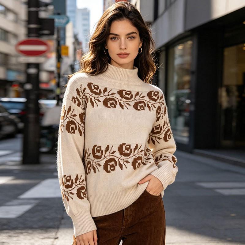 Womens Oversized Knit Sweater With Floral Embroidery Semi-Turtleneck Long Sleeve Casual Top