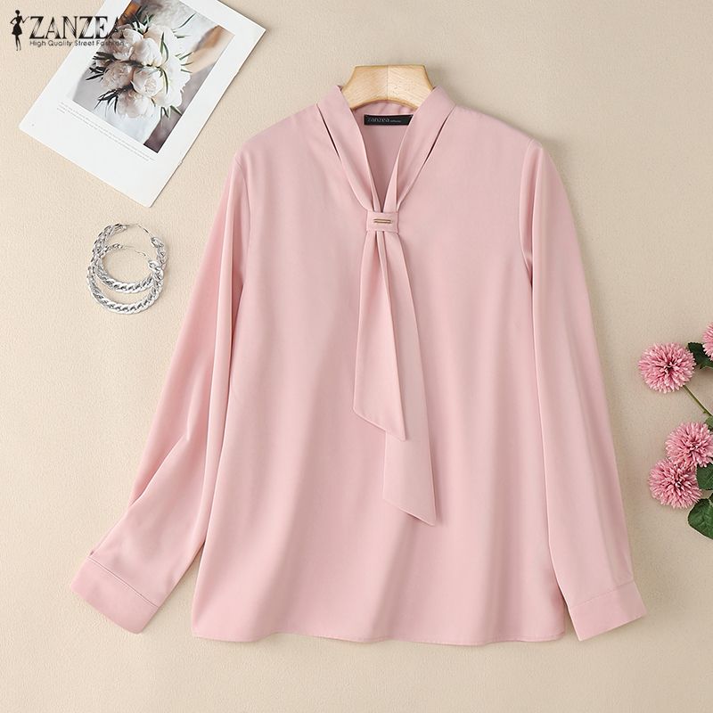 ZANZEA Women Casual Bow Collar Solid Color 3/4 Sleeve Blouse