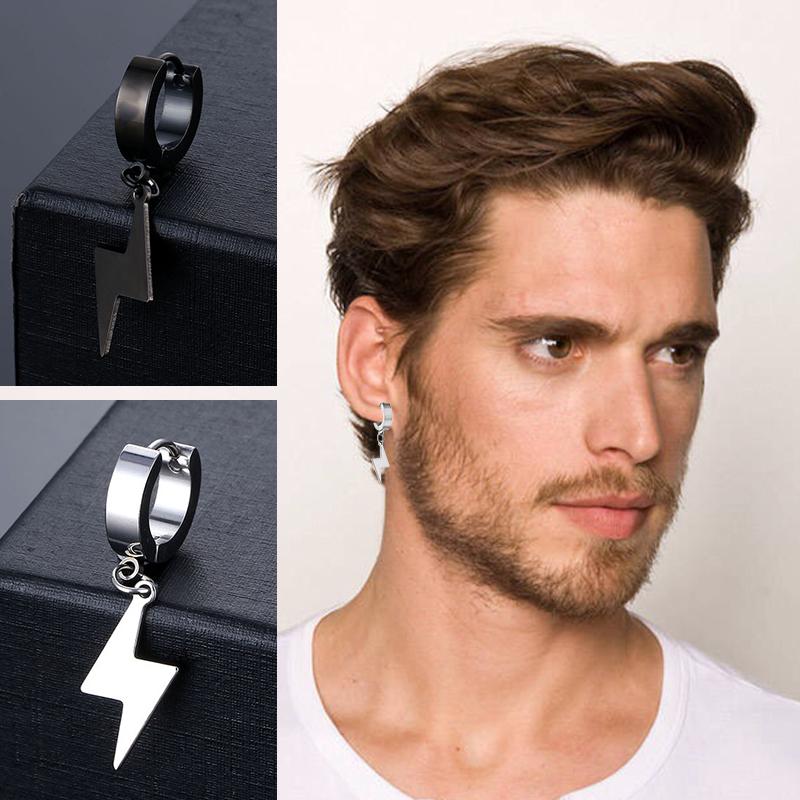 2pc Punk Hiphop Lightning Pendant Stainless Steel Earring korean fashion Women Men Circle Ear Stud Earring Jewelry Ear Accessory