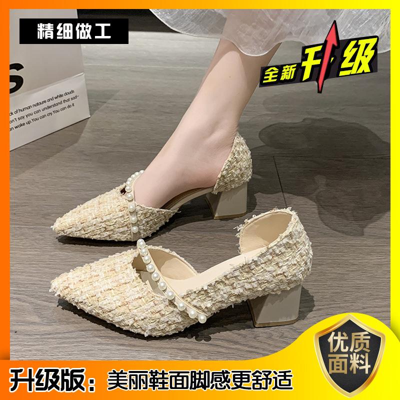 

Туфли-лодочки женские на толстом каблуке 2025 новая весна универсальные нежные вечерний ветер острый носок элегантный темперамент средний высокий каблук 40