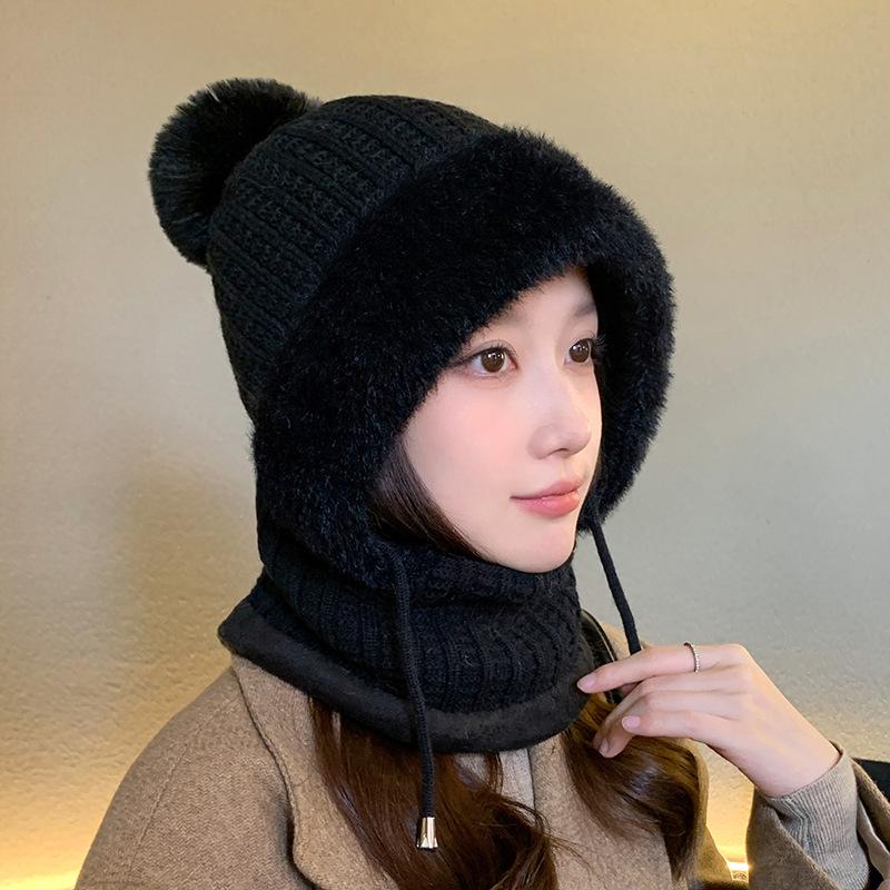 Winter Plush Knitted Hat Women's Mask Scarf Integrated Outdoor Cycling Plush Warm Ear Protection Hat Cold-proof Ski Hat