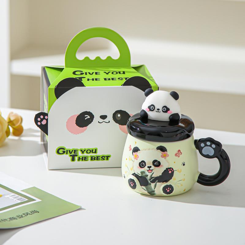 Cartoon Panda Mug with Lid Girl Cute Ceramic Office Home Couple Drinking Water Souvenir Birthday Gift