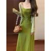 French Green Spaghetti Strap Dress for Women, New Summer Seaside Vacation-style Long Skirt, Casual and Slimming Outfit