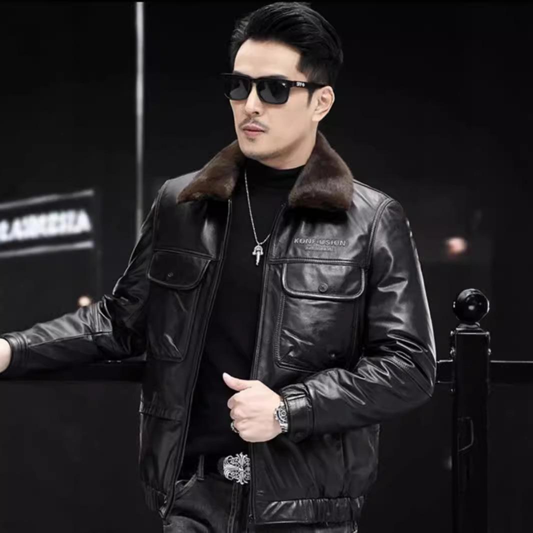 Куртка из коровьей кожи мужская новая кожаная куртка с лацканами пальто кожаная куртка — фото 3