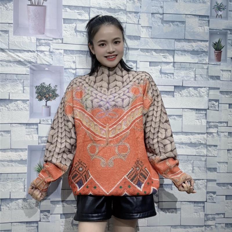 Plus Size Women's Mink Velvet Printed Sweater with Half-High Collar