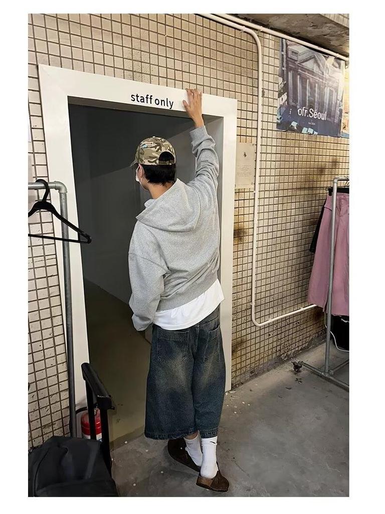 Unisex Retro Gewaschene Distressed Denim Shorts - Lässiger Weitbeiniger Sieben-Punkt Stil