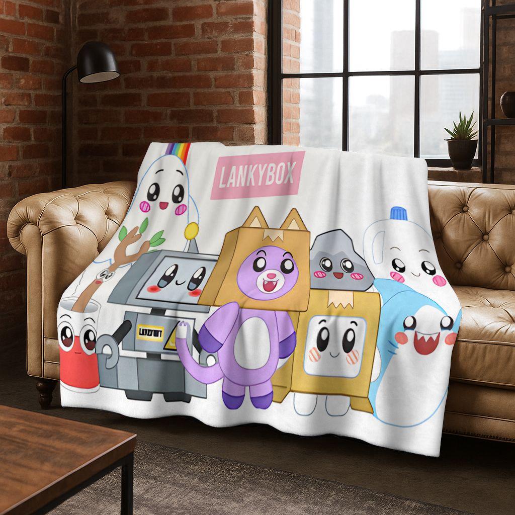 Kreskówkowa Koc Lankybox Urocza Foxy Boxy Rocky Flanelowy Koc, Przytulny Miękki Koc na Kanapę Sofa Pokrycie Piknikowe Prezent dla Dzieci