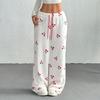 Women's Casual Fashion Printed Elastic Waist Loose Straight Leg Pants With Rope
