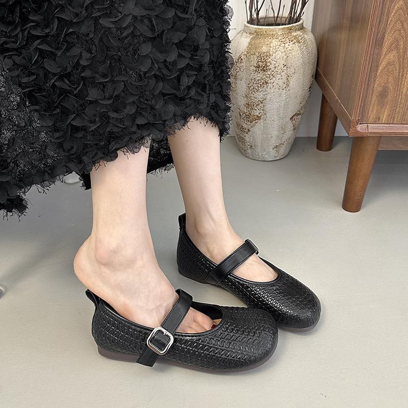 2025 Summer New Woven Striped Mary Jane Shoes Women's Shoes Wear One-word Buckle Soft-soled Small Fragrant Wind Light Mouth Single Shoes