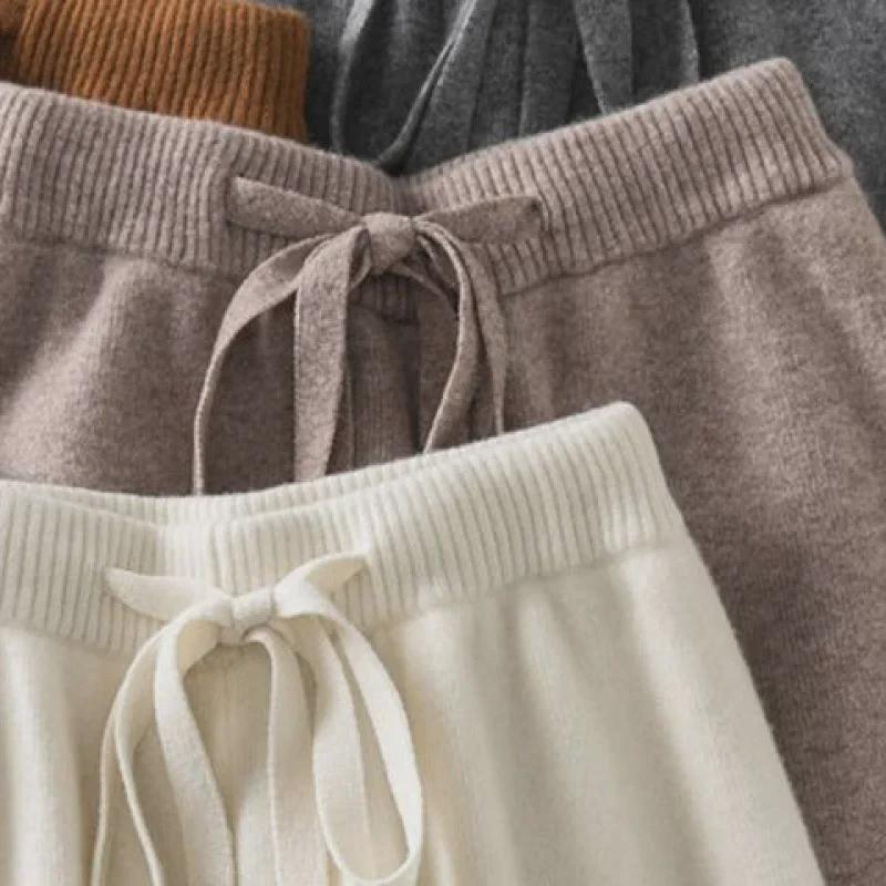 Pantaloni largi tricotați cu talie înaltă pentru femei - Pantaloni casual de toamnă 2024