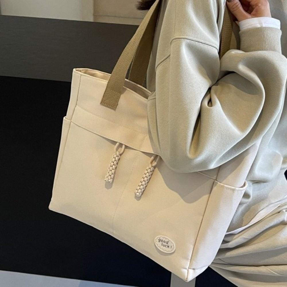Portable Solid Color Canvas Tote Bag Japanese Style Multi Pocket Simple Handbag Large Capacity Shoulder Bag Ladies