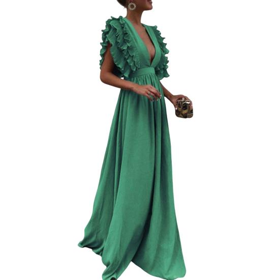 Vestido de noite feminino decote em V mangas voadoras camadas babados plissado cintura alta cor sólida comprimento até o chão baile coquetel festa vestido longo