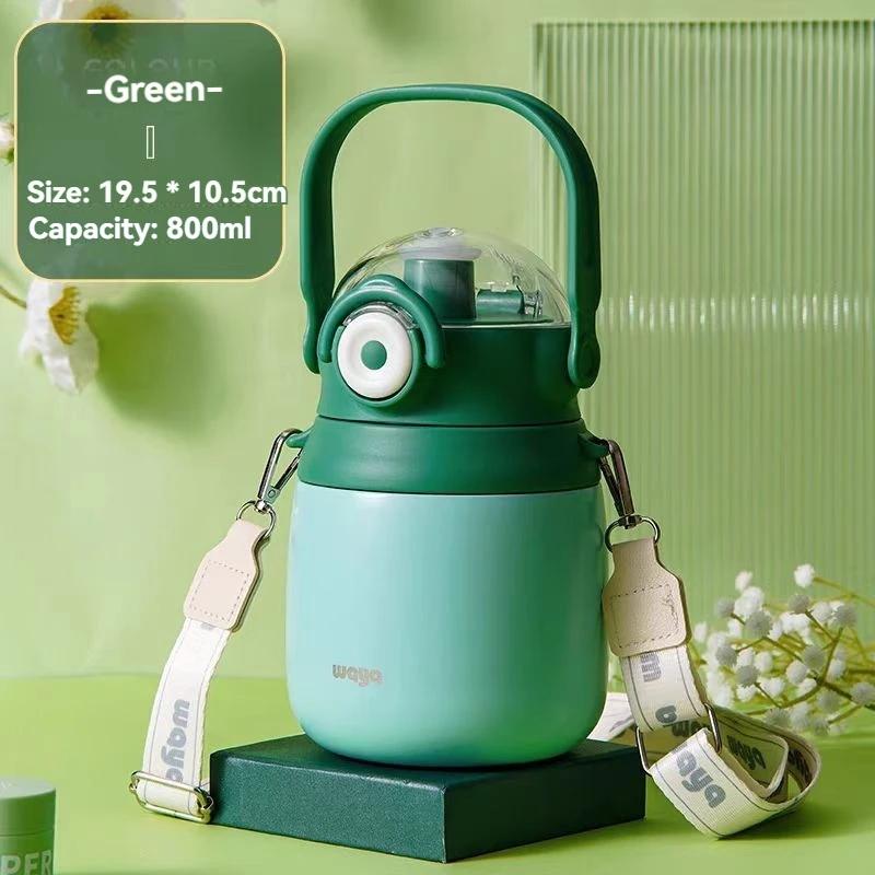 0.8L Cup Water Bottle with Straw Large Vaccum Flasks Stainless Steel Vacuum Cup with Strap LeakProof Portable Thermos for School