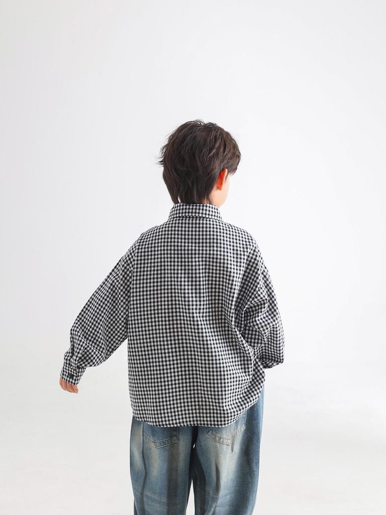 Boys' Spring 2025 Trendy Plaid Loose Shirt with Korean Tie Style