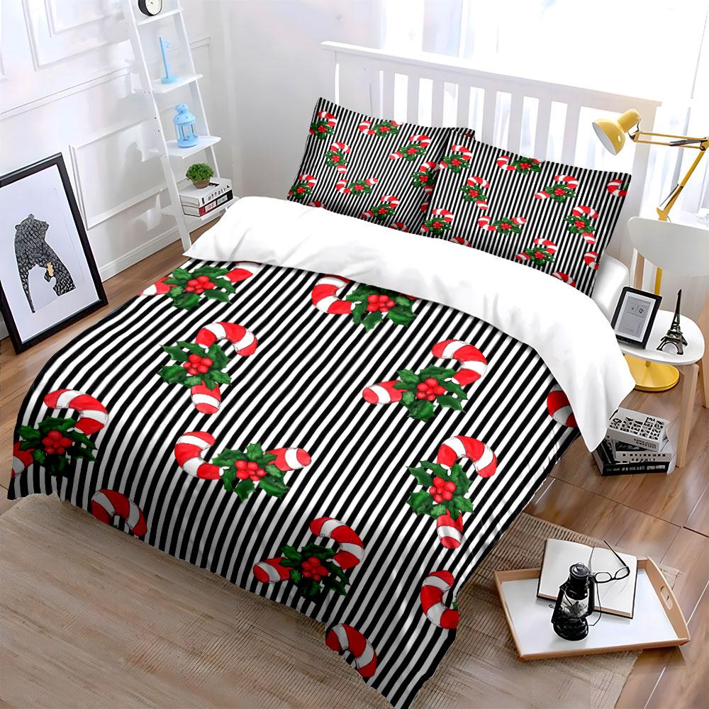 Candy Cane and Holly Striped Pattern Bedding Duvet Cover Set Duvet Cover Pillowcases (1*Duvet Cover 2*Pillowcases, without duvet insert)