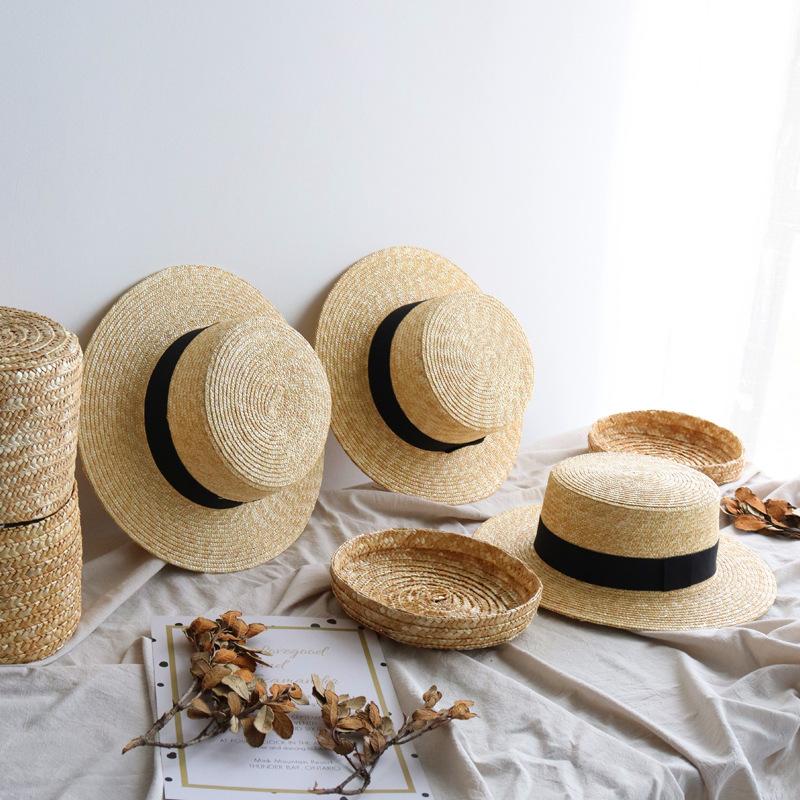 Japanese flat-top straw straw hat summer sun protection sun hat children's Korean version fashion versatile travel beach hat
