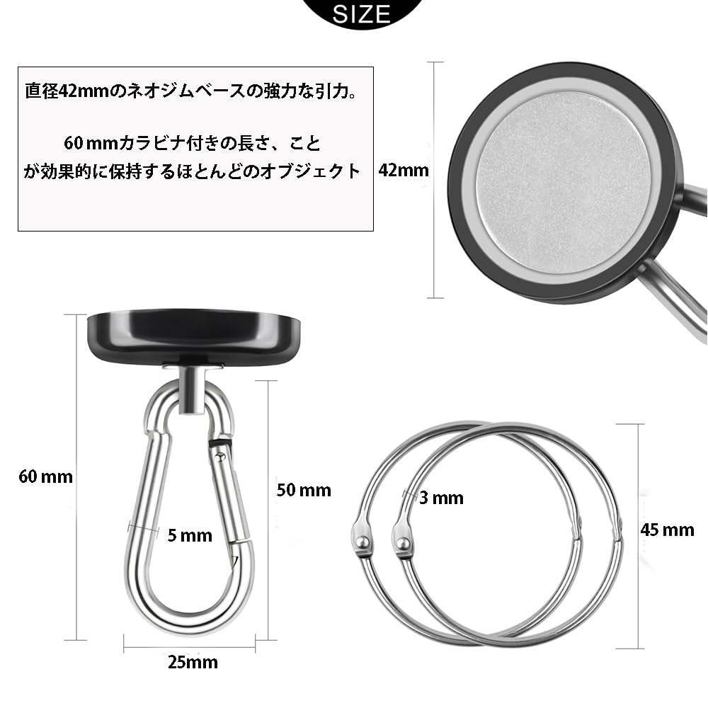 Ganchos Mosquetão THCMagorilla, Capacidade 63kg, Ímã de Neodímio Giratório de Alta Resistência, 42mm, Preto, 8 Peças, para Bolsas, Churrasqueiras, Carteiras e Armazéns