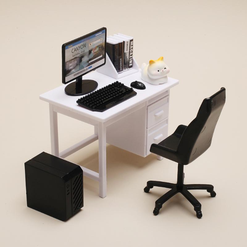 1 Set 1/12 Scale Dollhouse Miniature Furniture Kit With Computer Keyboard Desk Chair Miniature Scene Model Home Study Room Decor