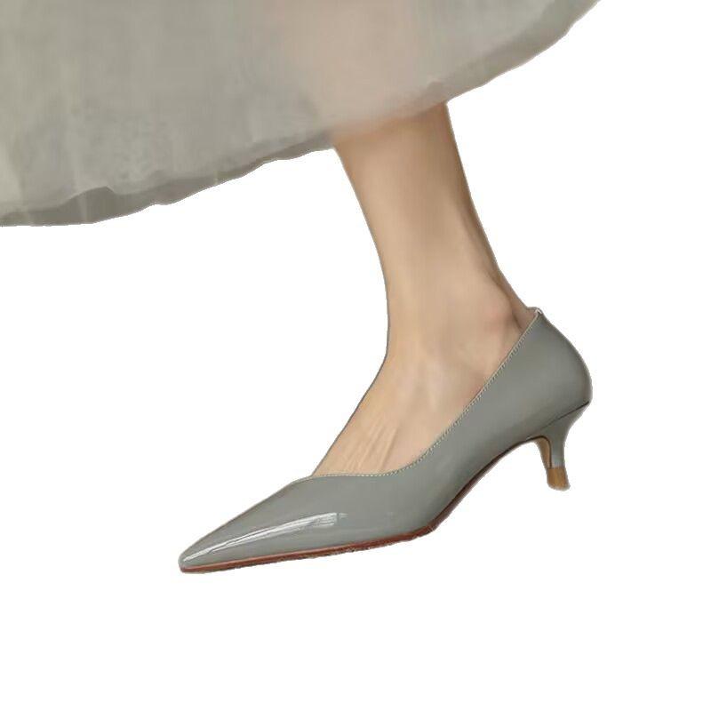 Pointed cat heel single shoes women's spring 2025 new products simple commuter light mouth leather shoes V mouth thin heel high heel single shoes