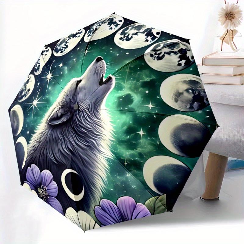 1pc Moon Wolf Compact Travel Umbrella, Automatic Folding Lightweight Windproof 8-Bone Reinforced Design,012130