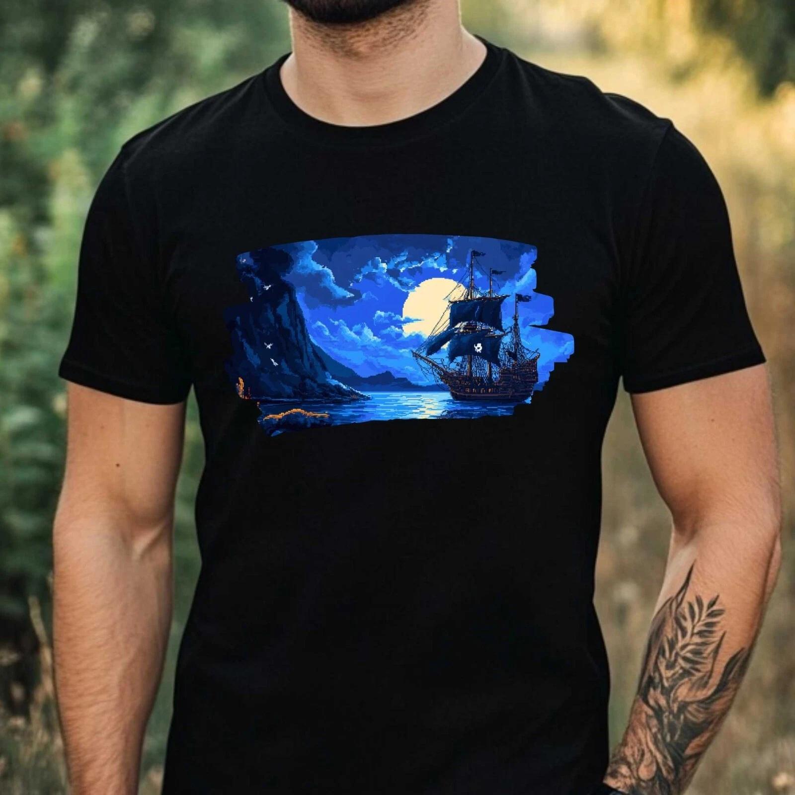 T-Shirt Herren Piratenschiff Pixel Art Motiv Baumwolle Größe XS bis 5XL XXL