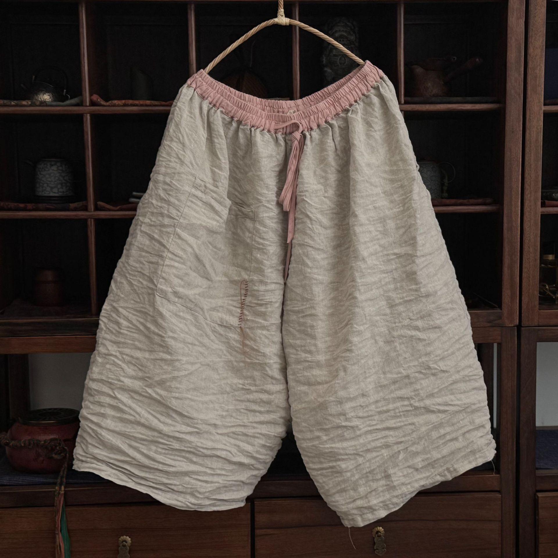 

Johnature Women Vintage Wide Leg Pants Patchwork Pockets Solid Color Trousers Autumn Elastic Waist Loose Pants One Size бежевый