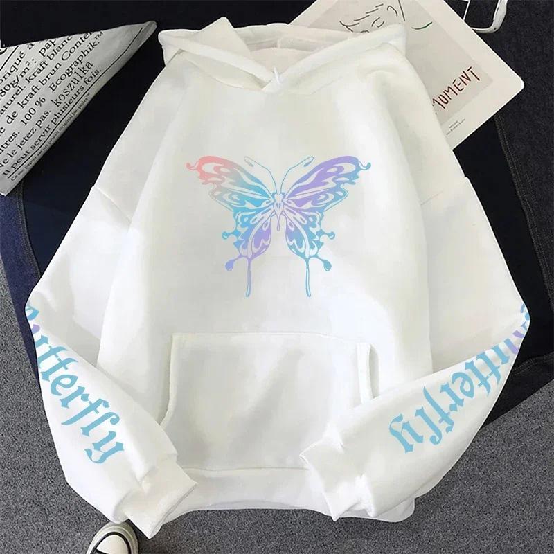 Women's Butterfly Print Hooded Fleece Sweatshirt - Casual Loose Fit with Pockets