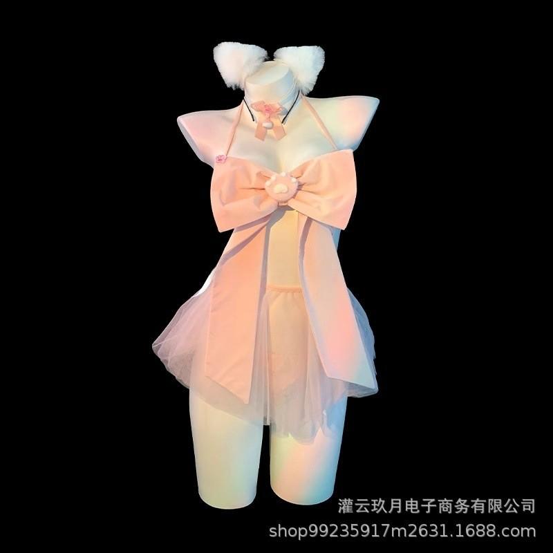 Sexy underwear pink bow three-point erotic underwear pure desire temptation splicing mesh perspective free set