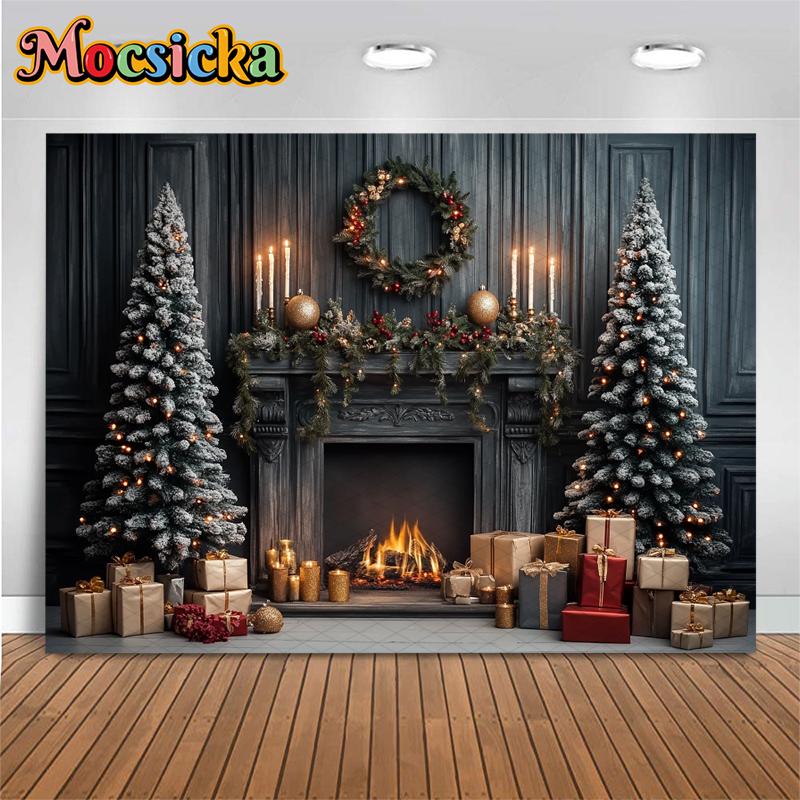 Mocsicka Christmas Tree Photography Background Gift Fireplace Home Wood Wall Decoration Baby Photo Backdrop Shooting Prop Studio