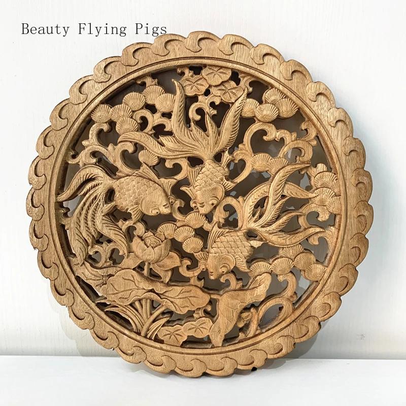 Diameter 27cm/10.8" Chinese style camphor wood carving circular decoration living room entrance background wall pendant