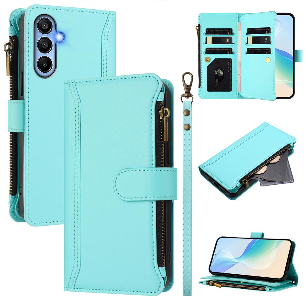 For Samsung Galaxy A15 4G/Galaxy A15 5G Leather Case 9 Card Slots Zipper Wallet Stand Phone Cover with Wrist Strap