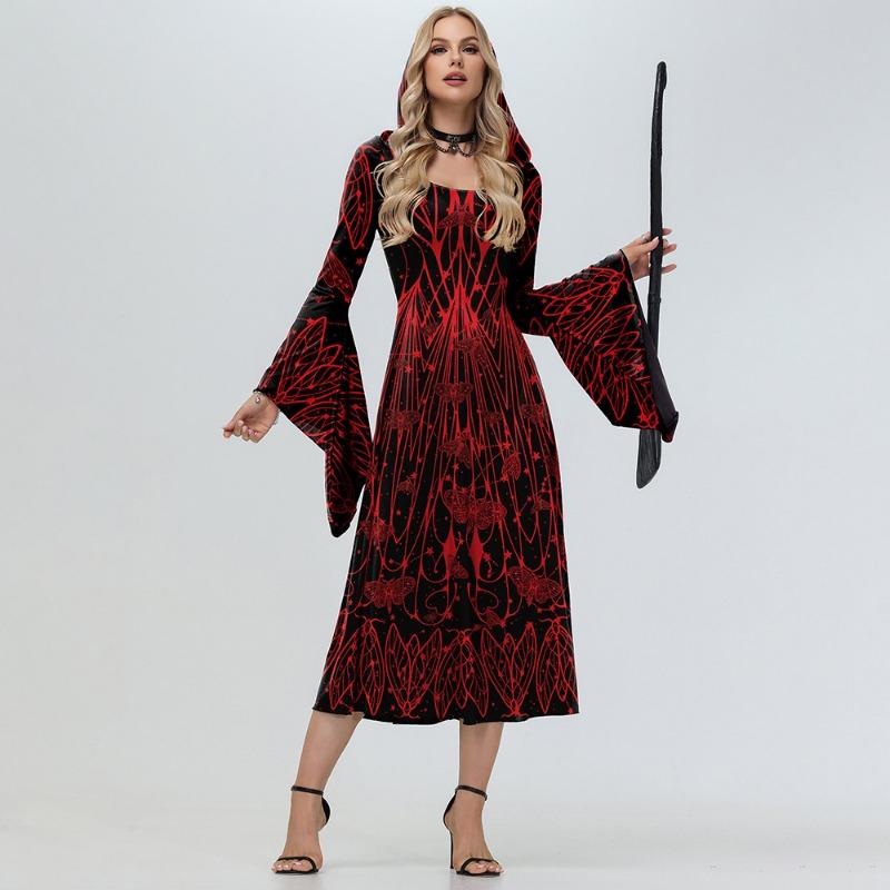 Halloween Witch Hooded Coat Dress Flared Sleeve Dress Digital Printing Dark Wind Dress Women