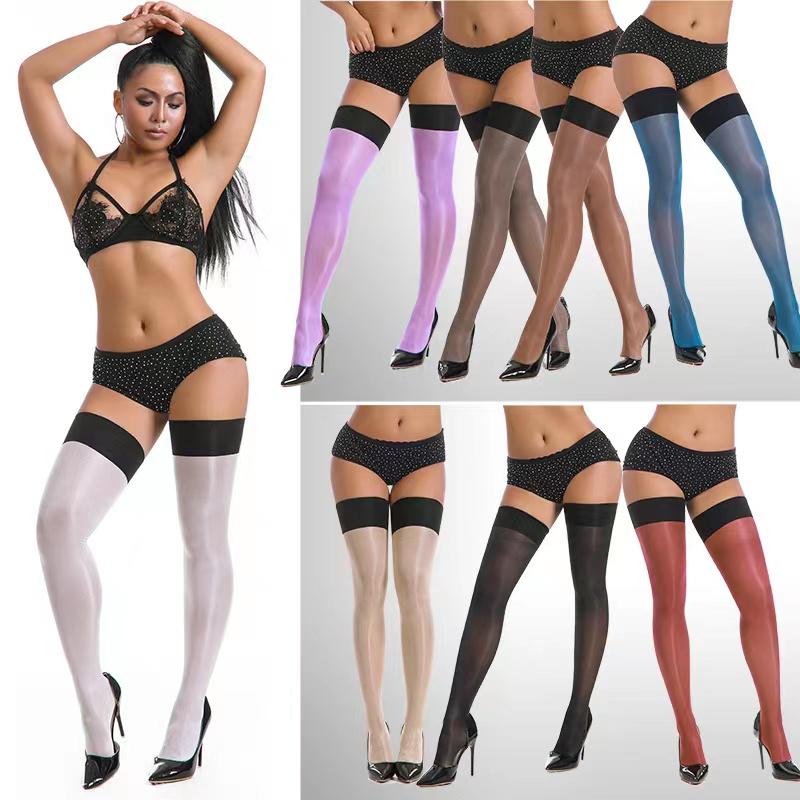 Women's Oil Shine Shiny Thigh High Stockings Erotic Retro Sexy Ladies 30D Lustre Legs Rib Top Opaque De Mujer