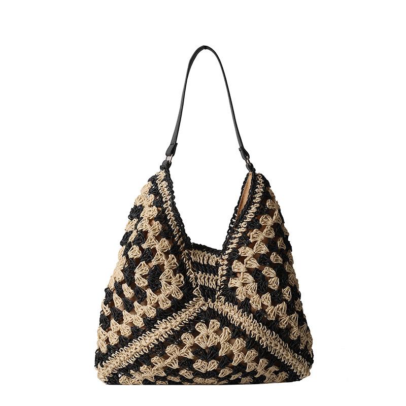 

Летняя повседневная соломенная сумка, персонализированная сумочка, модная сумка через плечо, сумка-тоут, большая вместимость, для отдыха, отпуска, пляжная сумка one size fits all чёрный