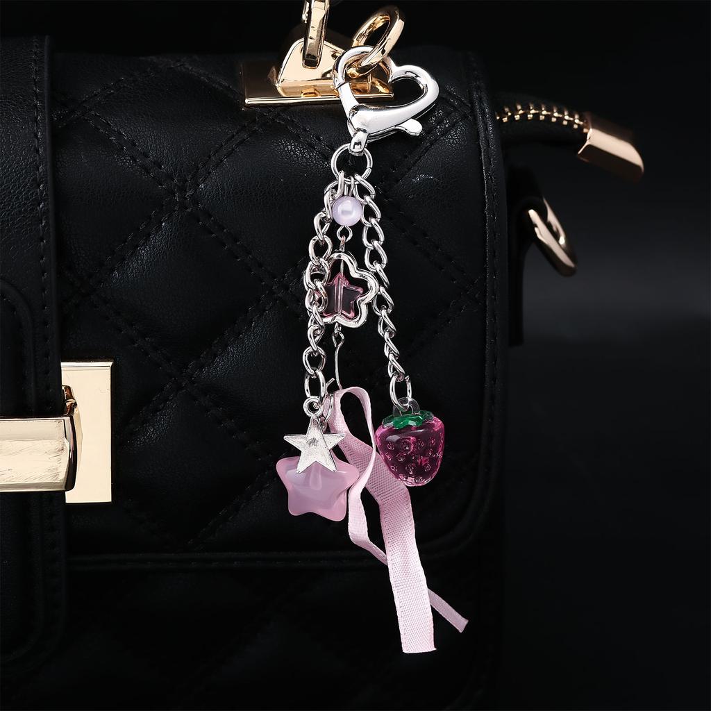 Exquisite Pink Strawberry Bow Keychain Y2k Fashion Star Flower Tassel Heart Keyring Phone Charm Pendant Beaded Chain Women Gift