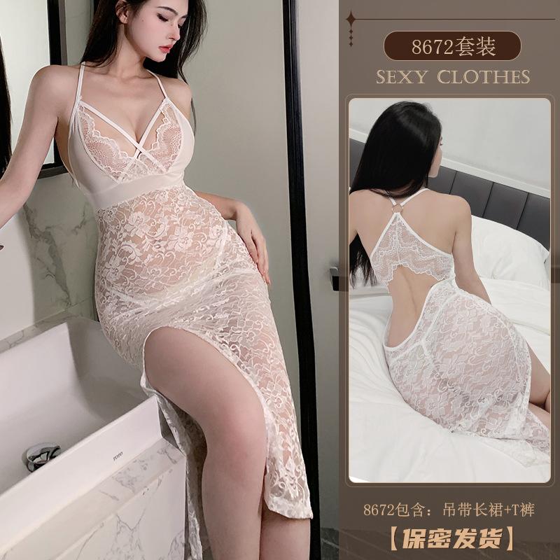 Erotic Underwear Sexy halter Long Dress Hot Lace Seductive See-through nightclub small chest Uniform 8672