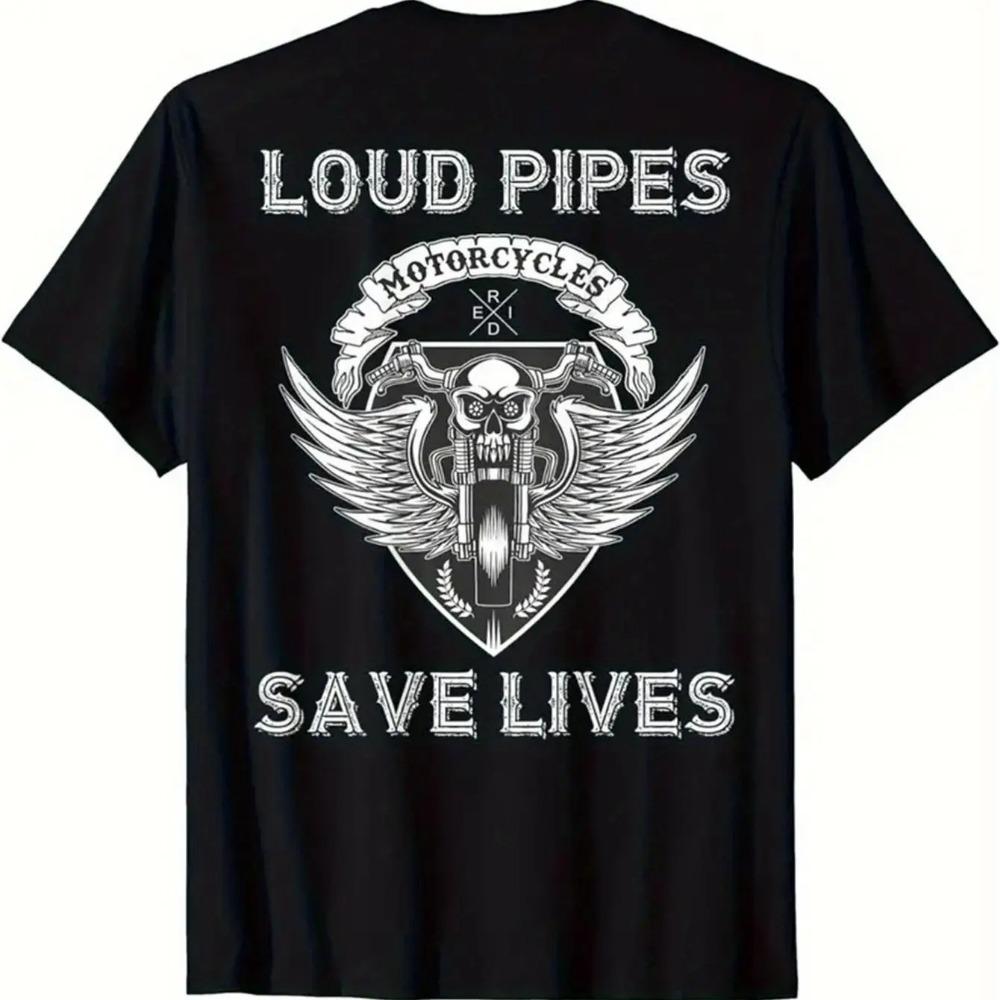 Herren Plus Casual T-Shirt - Atmungsaktive Baumwolle "Loud Pipes Save Lives" Motorrad Totenkopf & Flügel Muster Kurzarm Rundhals