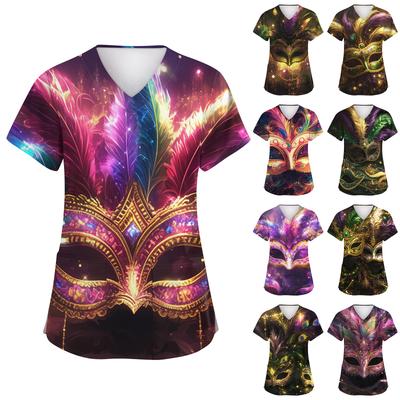 Women's Fashion Short-Sleeve Carnival Print V-Neck Pocket Workwear Top