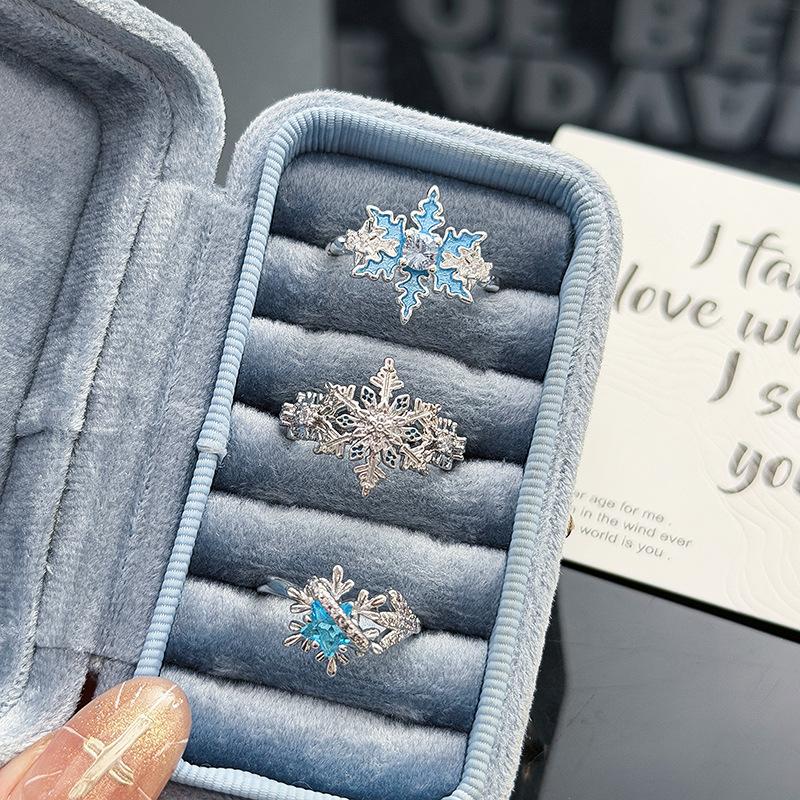 Winter Dream Sweet Cool Snowflake Color Diamond-Encrusted Zircon Enamel Open Ring Niche Premium Sense Stacked Ring Woman