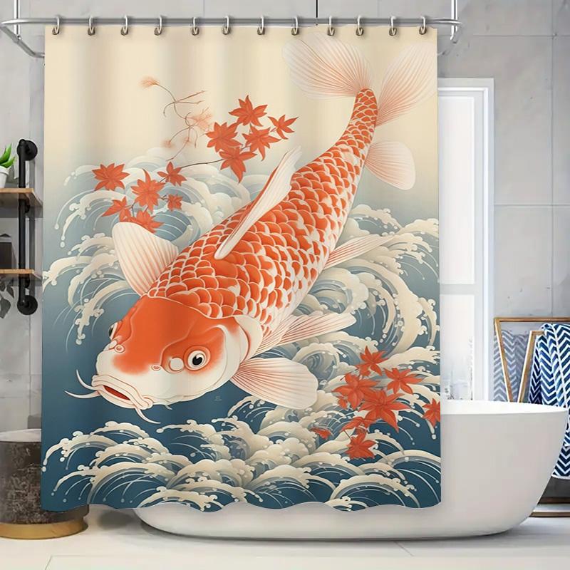 Red Fish Floral Bath Curtains Water Wave Decor Shower Curtain Set for Bathroom Decoration Home Decor (52x72 inch)